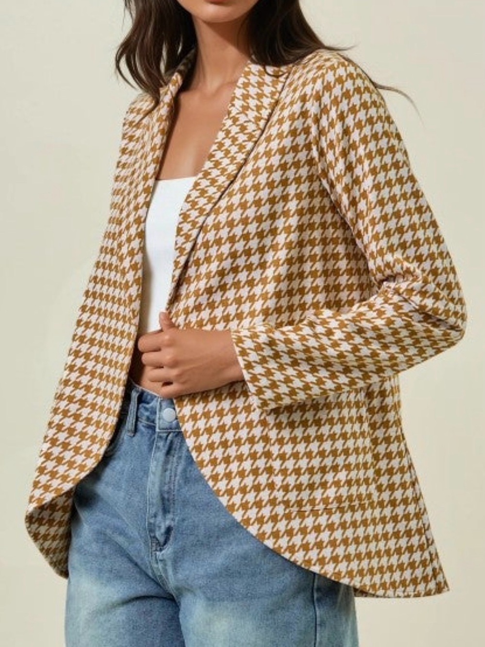 Houndstooth Open-Front Women's Blazer Jacket - White & Mustard